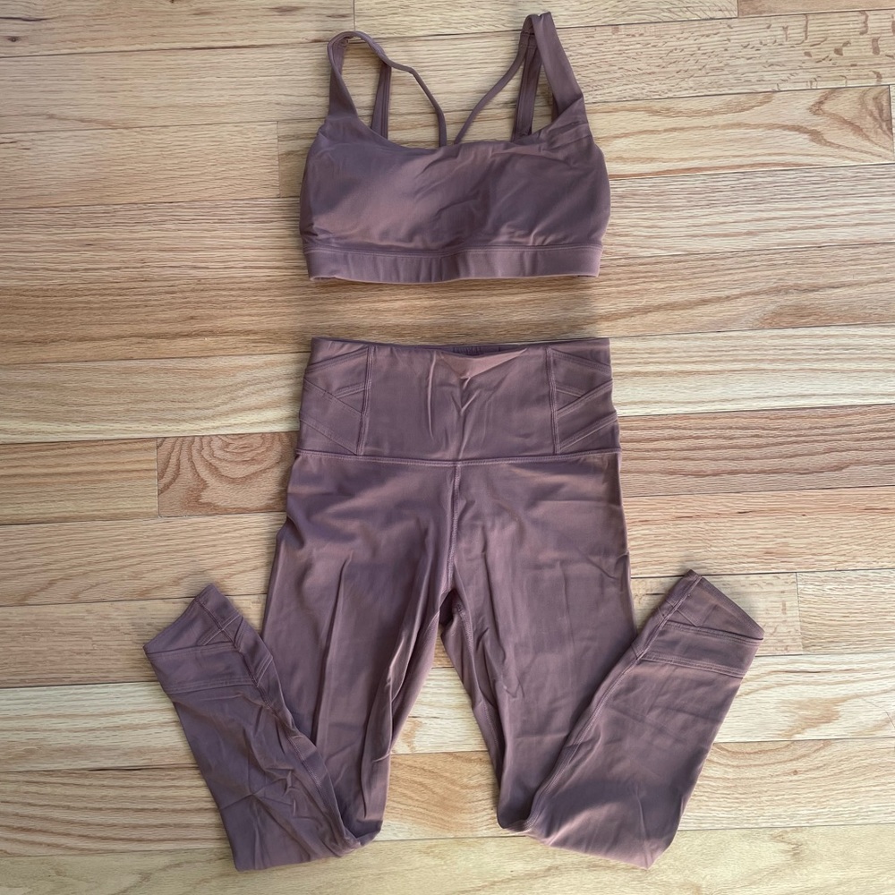 Athleta Hearth Rose Exhale Bra Elation Pirouette 7/8 Legging Set Size Small